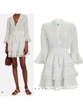 Waimari Calamaro Tiered Ruffle Smocked Beach Coastal Bridal Mini Dress: White